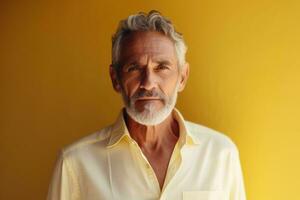 Porträt von ein Senior Mann mit grau Haar und Bart Stehen gegen Gelb Hintergrund generativ ai foto