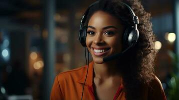 Porträt von lächelnd afrikanisch amerikanisch Kunde Unterstützung Telefon Operator im Headset generativ ai foto