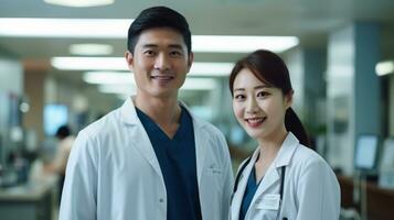 Porträt von jung asiatisch medizinisch Arzt und Krankenschwester im Krankenhaus Gang generativ ai foto