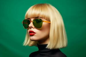ai generiert Studio Porträt von schön jung blond Frau im Sonnenbrille auf anders Farbe Hintergrund foto