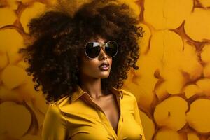 ai generiert Studio Porträt von ein schön schwarz Haut afrikanisch Frau im Sonnenbrille auf anders Farben Hintergrund foto