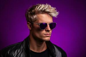 ai generiert Studio Porträt von gut aussehend blond Mann im Sonnenbrille auf anders Farben Hintergrund foto