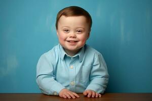 ai generiert Studio Porträt von süß wenig Junge mit Nieder Syndrom auf anders Farben Hintergrund foto