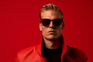 ai generiert Studio Porträt von gut aussehend blond Mann im Sonnenbrille auf anders Farben Hintergrund foto