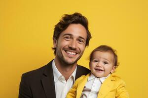ai generiert Studio Porträt von gut aussehend Mann halten Säugling Baby im seine Hände auf anders Farbe Hintergrund foto