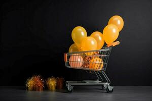 Supermarkt Wagen Gelb Orange Luftballons Markt. generieren ai foto