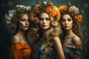 drei schön Frauen Blumen auf Kopf Studio Foto. generieren ai foto