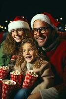 90er Jahre Familie genießen ein nostalgisch Blockbuster Film Nacht auf Weihnachten Vorabend foto