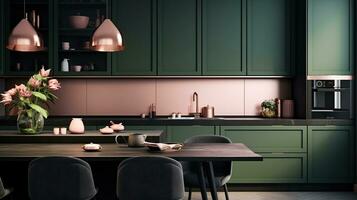 Rosa und dunkel Grün Küche. Minimalismus. foto