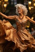 Altern Modell- wirbelt im großartig Ballsaal abgebildet im Jahrgang Champagner und verwittert Gold Farbtöne foto