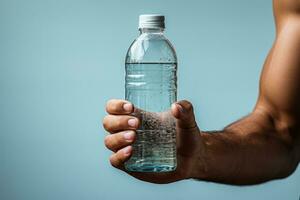 Läufer greifen ein Flasche von Flüssigkeitszufuhr Wasser isoliert auf ein Weiß Hintergrund foto