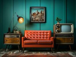Jahrgang Fernseher im ein alt Leben Zimmer mit Couch und bräunen Stuhl ai generativ foto