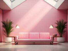 hell Licht Rosa farbig Wände mit Couch und Segeltuch ai generativ foto