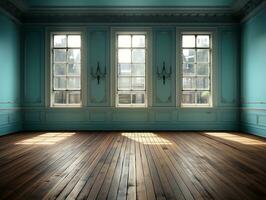 leeren Blau Zimmer mit Holz Fußboden und Fenster ai generativ foto