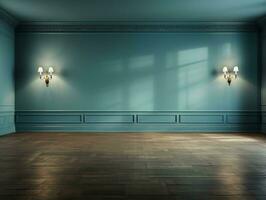 leeren Blau Zimmer mit Holz Fußboden und Fenster ai generativ foto