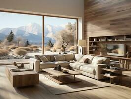 modern Schlafzimmer mit hölzern Möbel und ein öffnen Fenster ai generativ foto