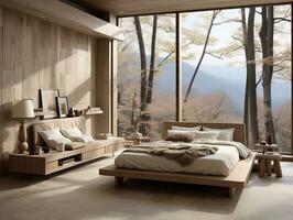 modern Schlafzimmer mit hölzern Möbel und ein öffnen Fenster ai generativ foto