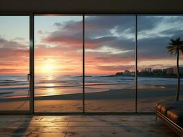 Leben Zimmer mit groß Fenster und Glas Türen suchen zu das Strand und das Sonnenuntergang ai generativ foto