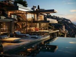 modern Villa Innenräume mit Blick auf das Meer und Berge ai generativ foto