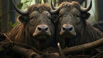 Foto von herzzerreißend zwei Büffel mit ein Betonung auf Ausdruck von Liebe. generativ ai