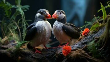 Foto von herzzerreißend zwei atlantisch Papageientaucher mit ein Betonung auf Ausdruck von Liebe. generativ ai
