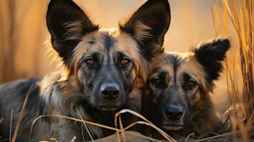 Foto von herzzerreißend zwei afrikanisch wild Hunde mit ein Betonung auf Ausdruck von Liebe. generativ ai