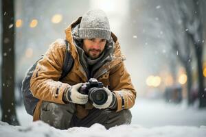 begeistert Fotograf gefesselt durch das heiter Schönheit von ein schneebedeckt Tag foto