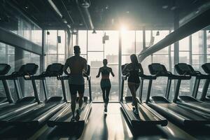 Rückseite Aussicht von zwei Frauen Laufen auf Laufbänder im Fitnessstudio, Rückseite Aussicht von Menschen Laufen auf Maschine Laufband beim ein Fitness Fitnessstudio Verein, ai generiert foto