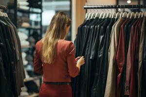 Rückseite Aussicht von jung Frau im rot Blazer wählen Kleider im Kleidung speichern, Rückseite Aussicht von ein persönlich Käufer Auswahl Kleidung zum ein Klient, ai generiert foto