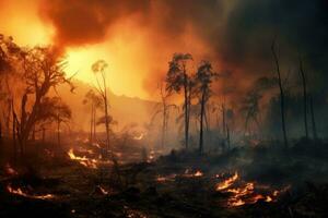 Wald Feuer, Verbrennung trocken Gras und Gebüsch im ein Wald während Sonnenuntergang, Regen Wald Feuer Katastrophe ist Verbrennung, ai generiert foto