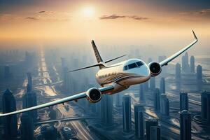 kommerziell Flugzeug fliegend Über modern Stadt beim Sonnenuntergang. 3d Wiedergabe, Privat Jet Flugzeug fliegend über Dubai Stadt, ai generiert foto