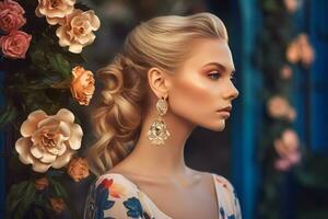 blond Frau tragen Luxus Ohrring Blumen. generieren ai foto