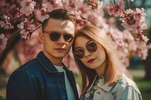 jung Paar mit Sonnenbrille posieren im Rosa Blühen Park. generieren ai foto