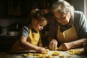 Oma Lehren Enkelin machen Pasta beim Morgen. generieren ai foto