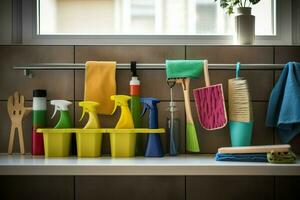 Reinigung Werkzeuge Zuhause vereinbart worden im Gruppe. generieren ai foto