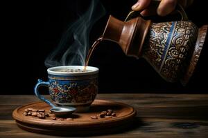 Gießen Kaffee in ein Tasse auf ein hölzern Tisch. schwarz Hintergrund, Gießen Kaffee von Türkisch Kaffee Topf in dekoriert Kaffee Tasse auf hölzern Tabelle , ai generiert foto