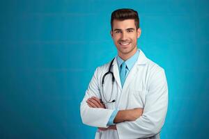 Arzt mit Stethoskop. zuversichtlich jung Mann im Weiß Mantel suchen beim Kamera und lächelnd während Stehen gegen Blau Hintergrund, Porträt von zuversichtlich jung medizinisch Arzt, ai generiert foto