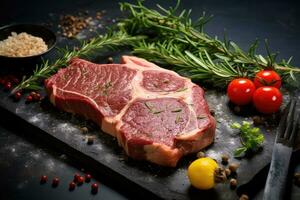 roh T-Bone Steak mit Rosmarin und Gewürze auf schwarz Hintergrund, roh Knochen Steak mit frisch Kräuter auf das Pfanne, ai generiert foto