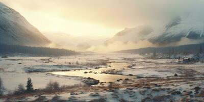 generativ ai, Winter ästhetisch Landschaft Panorama, stumm geschaltet neutral Farben, Wald und Berge. foto