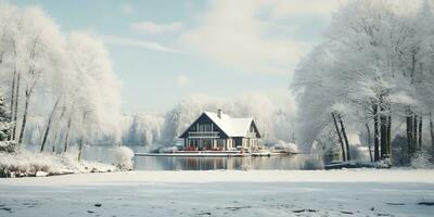 generativ ai, Winter ästhetisch Landschaft mit Haus Panorama, stumm geschaltet neutral Farben, Wald und Berge.. foto