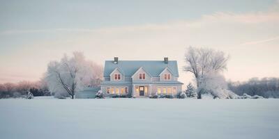 generativ ai, Winter ästhetisch Landschaft mit Haus Panorama, stumm geschaltet neutral Farben, Wald und Berge.. foto