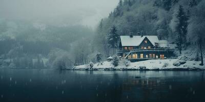 generativ ai, Winter ästhetisch Landschaft mit Haus Panorama, stumm geschaltet neutral Farben, Wald und Berge.. foto