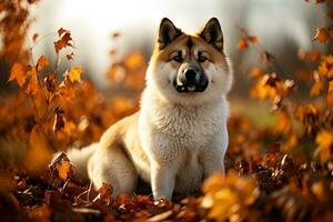 Porträt von ein amerikanisch Akita Hund Lügen auf Herbst Laub, natürlich Licht, draußen, warm Filter, ai Kunst foto