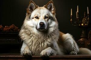 Porträt von ein amerikanisch Akita auf ein dunkel Hintergrund, natürlich Licht, Studio Hintergrund, schließen hoch, abgeschnitten Foto. ai Kunst foto