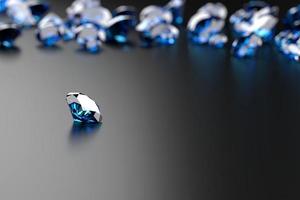 blauer Diamantsaphir auf glänzendem Hintergrund 3D-Rendering platziert