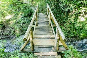 ein hölzern Brücke Über ein Strom im das Wald foto