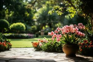 üppig Zuhause Garten mit beschwingt Pflanzen Hintergrund mit leeren Raum zum Text foto