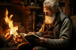 ein alt Mann vertieft im ein Jahrgang Buch durch das Kamin foto