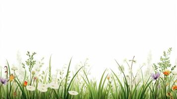 Rand mit Gras und Blumen wachsend von das Boden. Frühling Hintergrund im Karikatur Stil. ai generativ foto