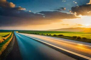 ein lange Straße mit ein Sonnenuntergang im das Hintergrund. KI-generiert foto